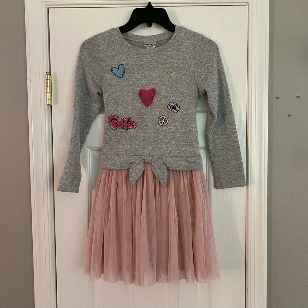 Emily West Girls Selfie Embroidered Patch Tulle Skirt Sweater Dress Size 10 Pink